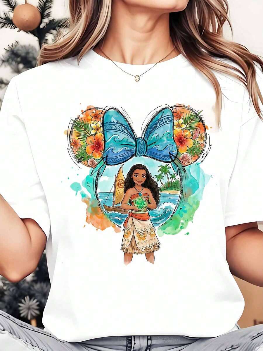 Disney Moana Mickey Mouse Ears Design, Women's Round Neck Shirt, Summer Tops Comfortable O-Neck T Shirt Fashion Casual Women Clothes - 白色 - 查看 1