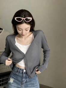 Áo khoác cardigan dệt kim dài tay cổ chữ V dáng rộng, nhẹ, thoáng khí dành cho nữ, thích hợp cho mùa xuân/hè. - Xám - Xem 8