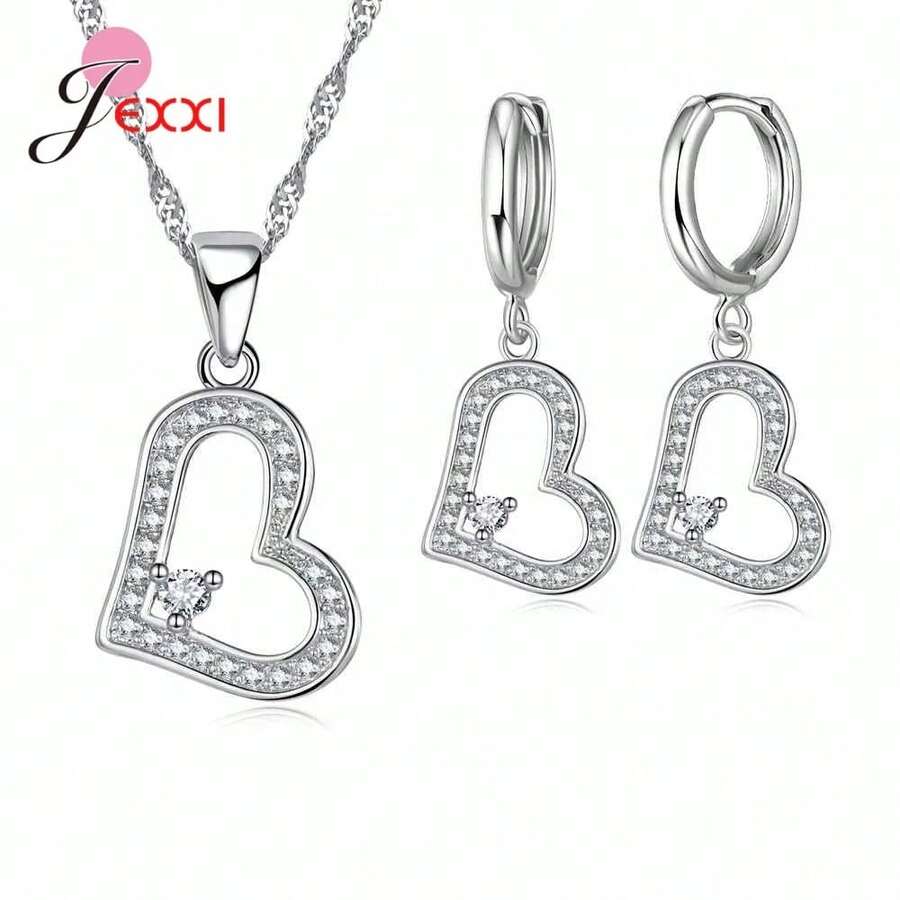 925 Sterling Silver Plating Necklace And Earring Set With Cubic Zirconia, Cross, Heart And Butterfly Design, Fashion Jewelry For Women. - 34001 - 查看 1