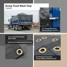 [Free Shipping] Cargo Netting 7.5x18 Ft For Flatbed Trailer Dump Truck Grain Truck PVC Coated Mesh Heavy Duty Fabric 5.5" Double Pocket Brass Grommets Reinforced Double Needle Stitch Webbing Fits Manual Automatic Systems-XY22003 - Default0 - View 6