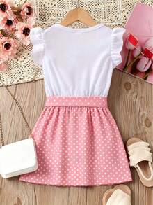 Young Girl Summer Casual Vacation Polka Dot Heart Print Ruffle Armhole Top And Tie Waist Skirt Set - Pink - View 2