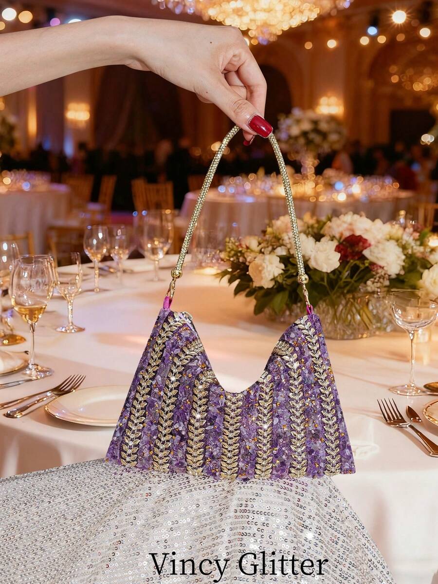 New Evening Bag With Rhinestone Decor, Elegant Handbag For Banquet, Portable Zipper Pouch For Party And Gathering, European And American Style Exquisite Clutch, Formal Dress Bag, Fashionable Evening Purse - Purple - View 1