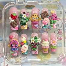 Handmade Nails Press On,Hard And Durable Nail Art,Handmade Kawaii Dessert Press On Nails | Shopkins-Inspired Characters, Chocolate, Donut & Ice Cream | Long Coffin Nails For Cute Sweet Vibes Summer Nail Art / Applicable To 899 Regions - 玫紅色 - 查看 1
