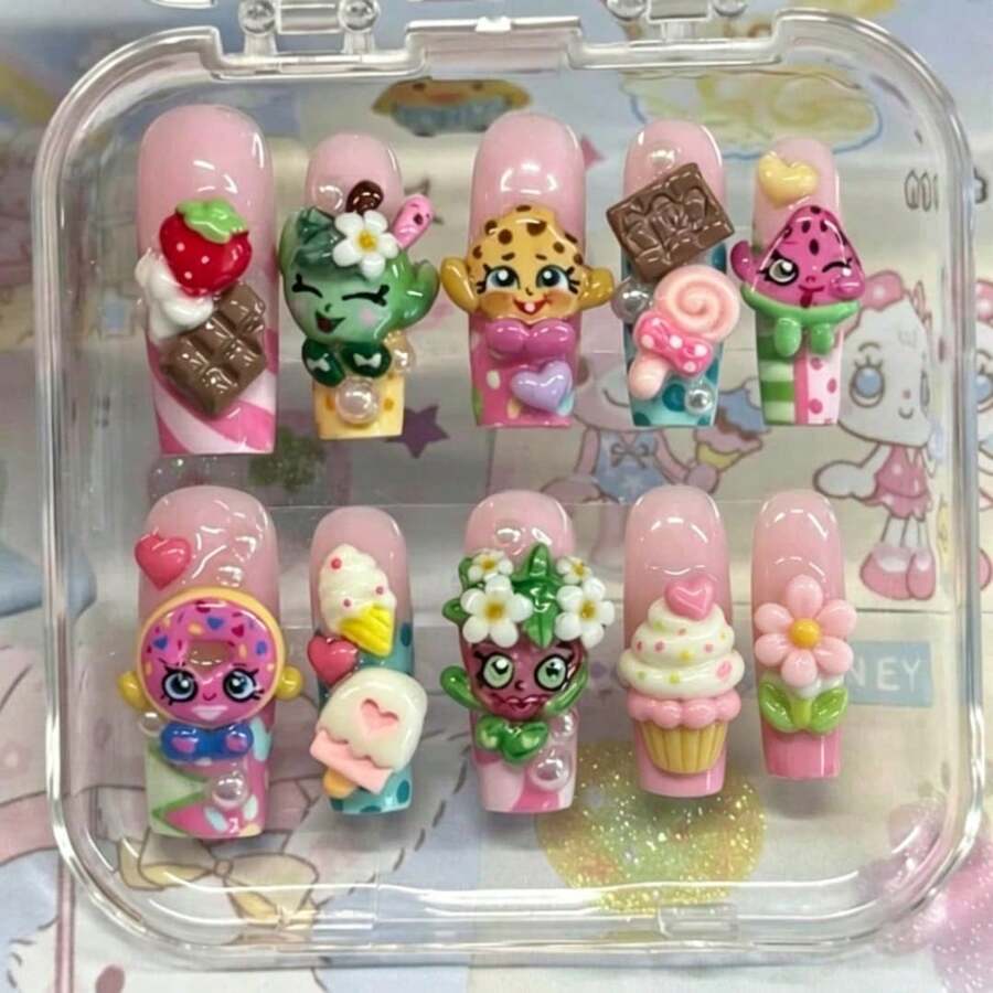 Handmade Nails Press On,Hard And Durable Nail Art,Handmade Kawaii Dessert Press On Nails | Shopkins-Inspired Characters, Chocolate, Donut & Ice Cream | Long Coffin Nails For Cute Sweet Vibes Summer Nail Art / Applicable To 899 Regions - 玫紅色 - 查看 1