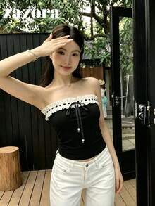 女款黑色蕾絲飾邊平口背心上衣，夏季無袖修身露背性感短版休閒上衣 - 黑與白 - 查看 5