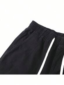 Men's Vintage Washed Wide Leg Pants, Red Rhinestone Flame Graphic Drawstring Streetwear Trousers, Casual Y2K Style Bottoms - Black - View 4