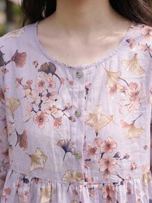 YUXIN 夏季新款宽松甜美七分袖圆领娃娃衫，时尚蝙蝠袖碎花衬衫 - 淡紫色 - 查看 9
