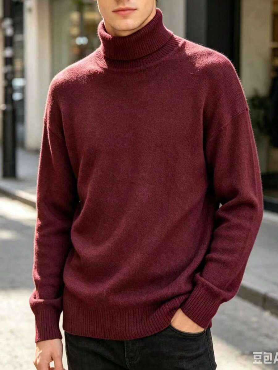 Manfinity Mode Men's Turtleneck Sweater, For Fall And Winter - Burgundy - View 1