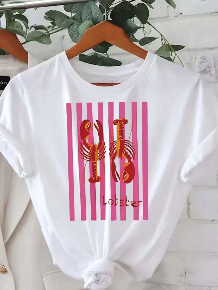 Camiseta Casual de Manga Corta para Mujer 100% Algodón con Estampado Vibrante de Langosta - Texto "Lobster", Cuello Redondo, Ajuste Cómodo, Top para Todas las Temporadas, Ropa Casual|Diseño - Blanco - Ver 1
