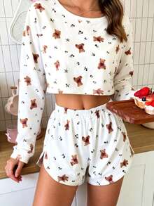 2 piezas Conjunto de pijama de mujer con cuello redondo, manga larga estampada y pantalón corto con cintura elástica, cómodo - Blanco - View 5