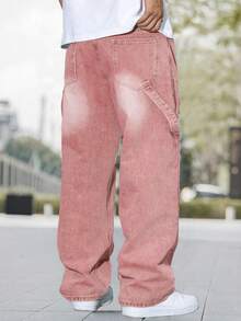Men's Fashion Distressed Patch Embroidered Wide Leg Jeans - Pink - View 2