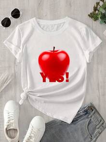 Camiseta estampada para mujer, 1 unidad, manga corta, primavera/verano, el regalo perfecto para las fiestas. - Blanco - Ver 1