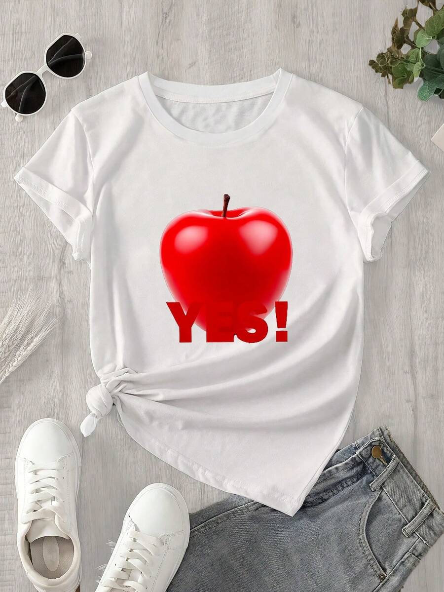 Camiseta estampada para mujer, 1 unidad, manga corta, primavera/verano, el regalo perfecto para las fiestas. - Blanco - Ver 1