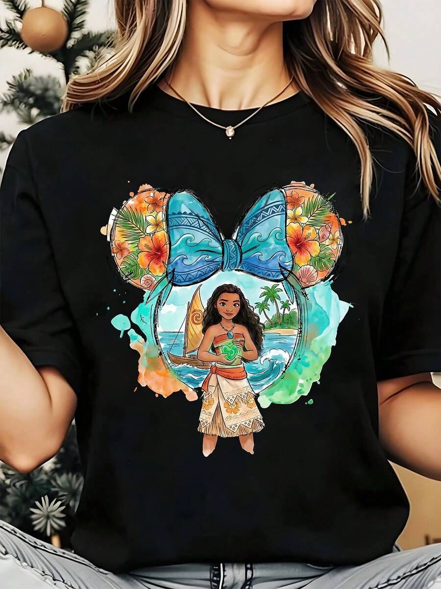 Disney Moana Mickey Mouse Ears Design, Women's Round Neck Shirt, Summer Tops Comfortable O-Neck T Shirt Fashion Casual Women Clothes - 黑色 - 查看 1