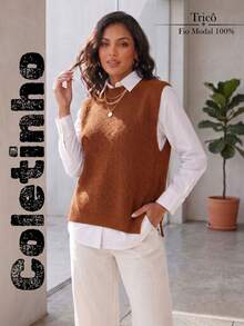 Women's Knitted Vest With Ribbed Crew Neck, Sleeveless, Casual And Elegant Knitwear For Autumn/Winter - 鏽 - 查看 1
