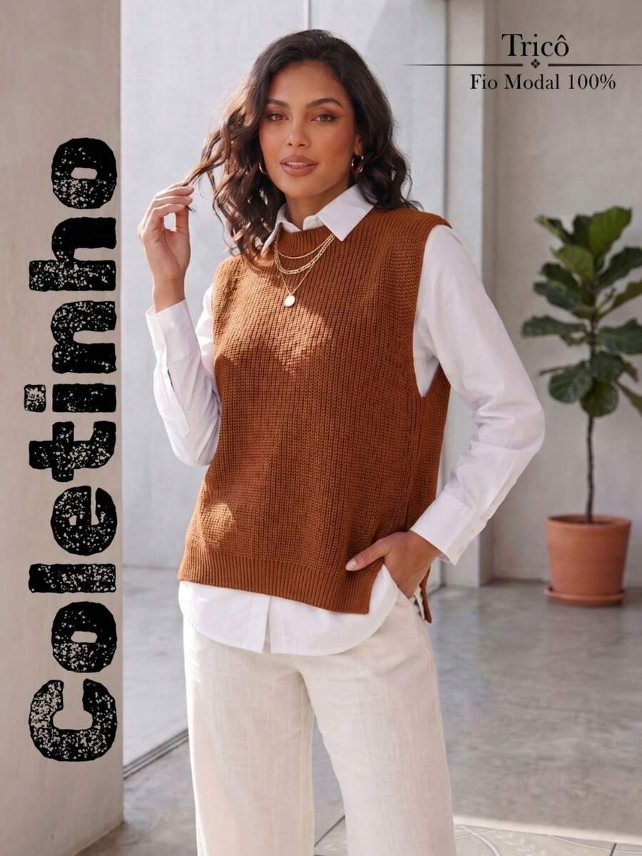 Women's Knitted Vest With Ribbed Crew Neck, Sleeveless, Casual And Elegant Knitwear For Autumn/Winter - 鏽 - 查看 1