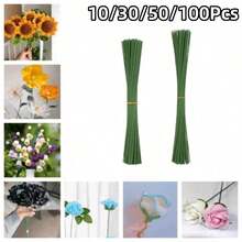 10/30/50/100入 花卉花莖手工花藝金屬線 人造花製作DIY花莖 綠色膠條纏繞 批發配件 - 彩色 - 查看 2