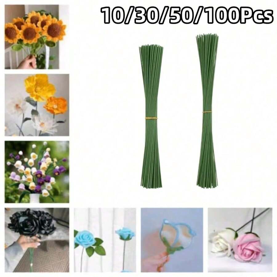 10/30/50/100入 花卉花莖手工花藝金屬線 人造花製作DIY花莖 綠色膠條纏繞 批發配件