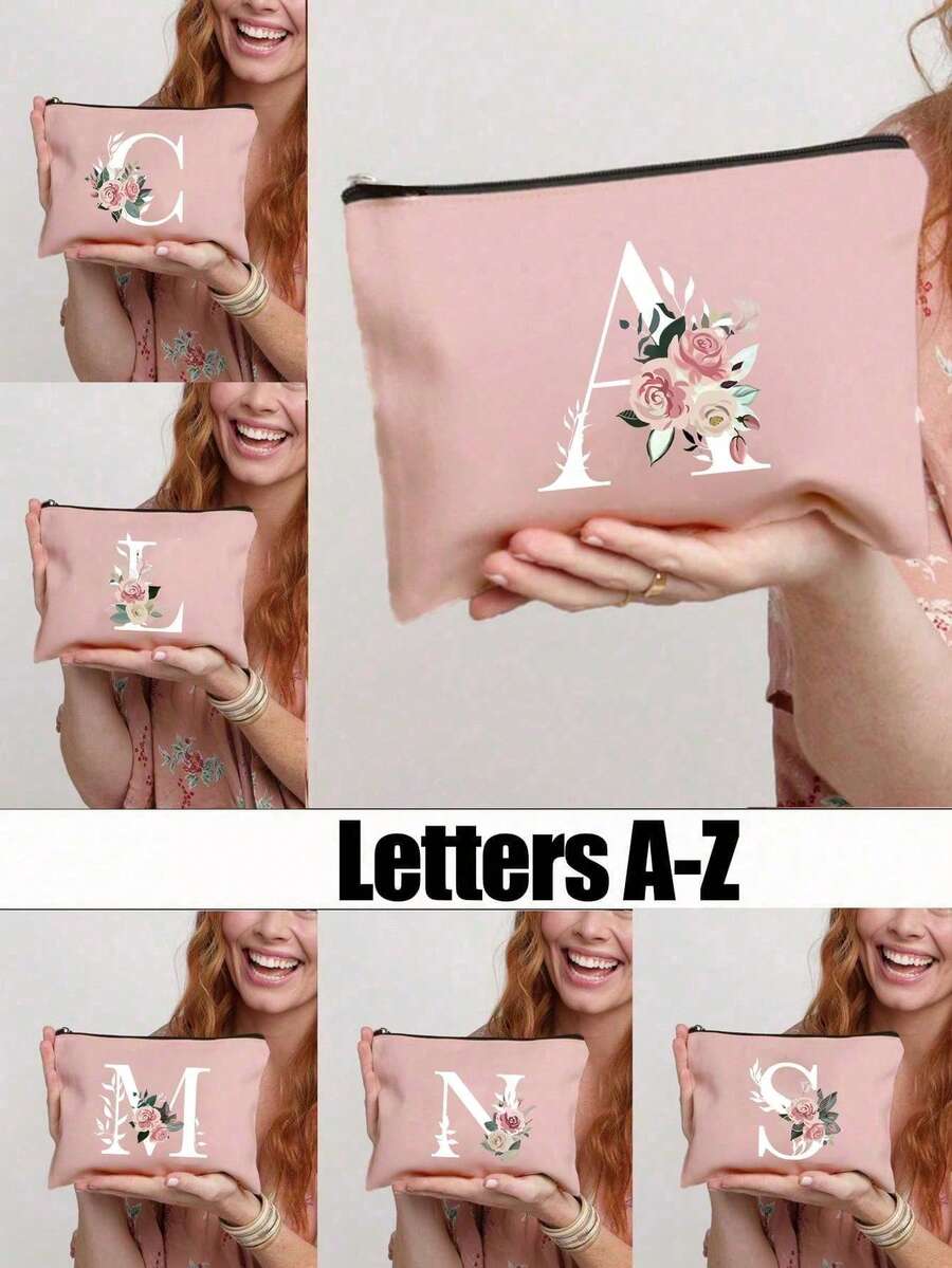 A-Z字母印花白色化妆包，粉色小收纳袋，化妆包，便携式洗漱包，教师节礼物，可重复使用化妆包，女士极简大容量旅行化妆包，耳机，数据线