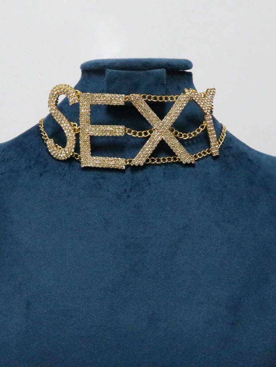 1pc Fashionable "NASTY" Letter Rhinestone Necklace, Sexy Women's Party Jewelry Accessory - Gold - View 1