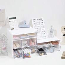 3pcs Multi-Use Stackable Drawer Organizer, Clear Desktop Storage Box, Multi-Grid Container For Cosmetics, Stationery & Small Items - White - View 1