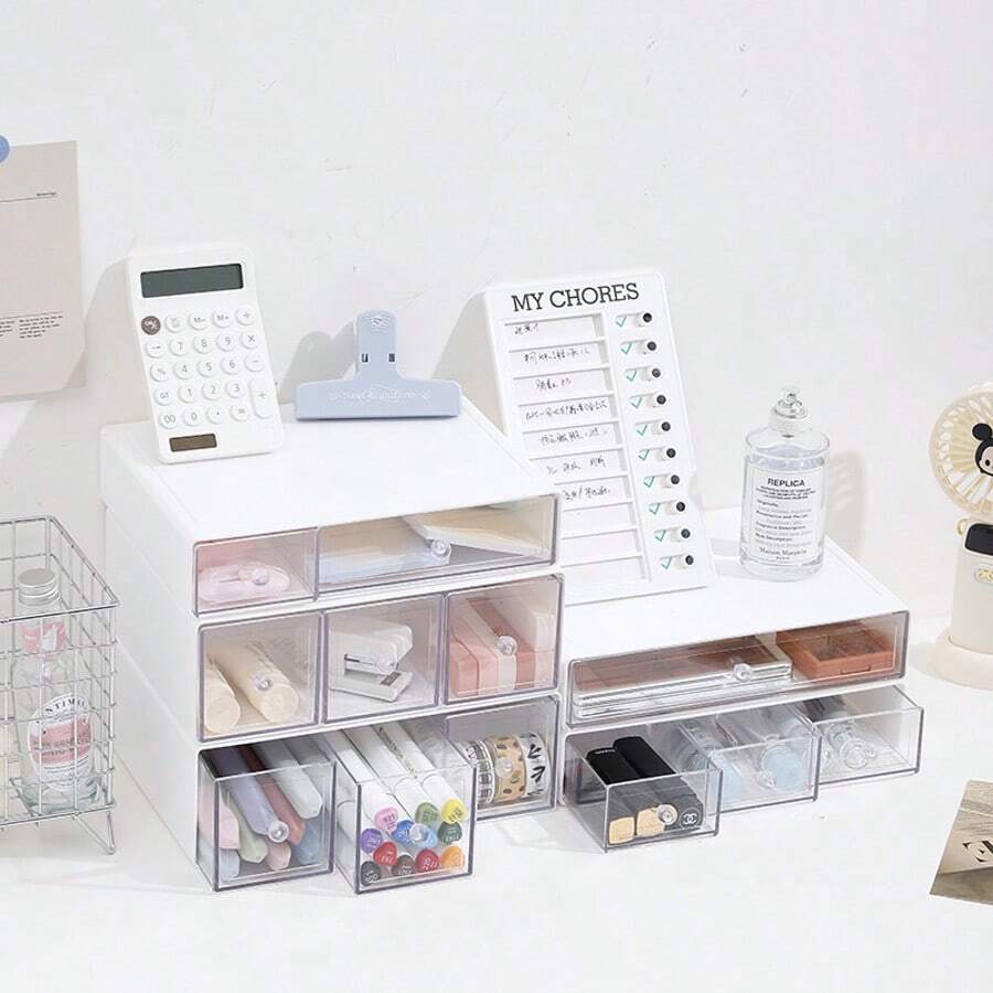 3pcs Multi-Use Stackable Drawer Organizer, Clear Desktop Storage Box, Multi-Grid Container For Cosmetics, Stationery & Small Items - White - View 1