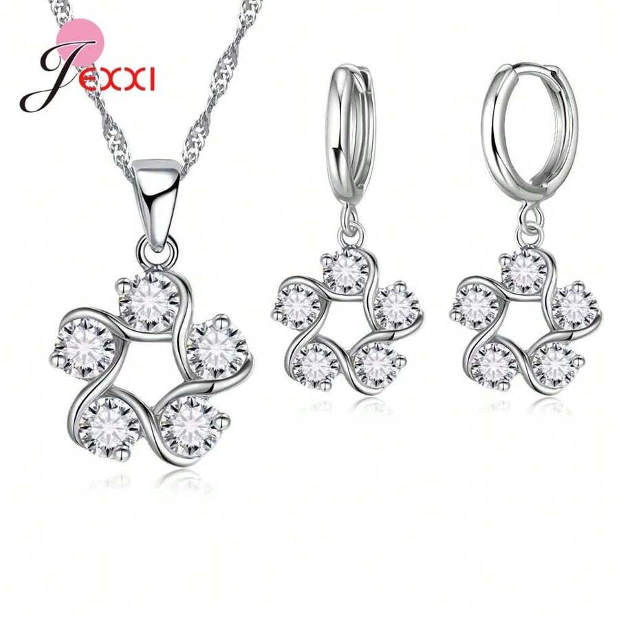 925 Sterling Silver Plating Necklace And Earring Set With Cubic Zirconia, Cross, Heart And Butterfly Design, Fashion Jewelry For Women. - 49701 - 查看 1