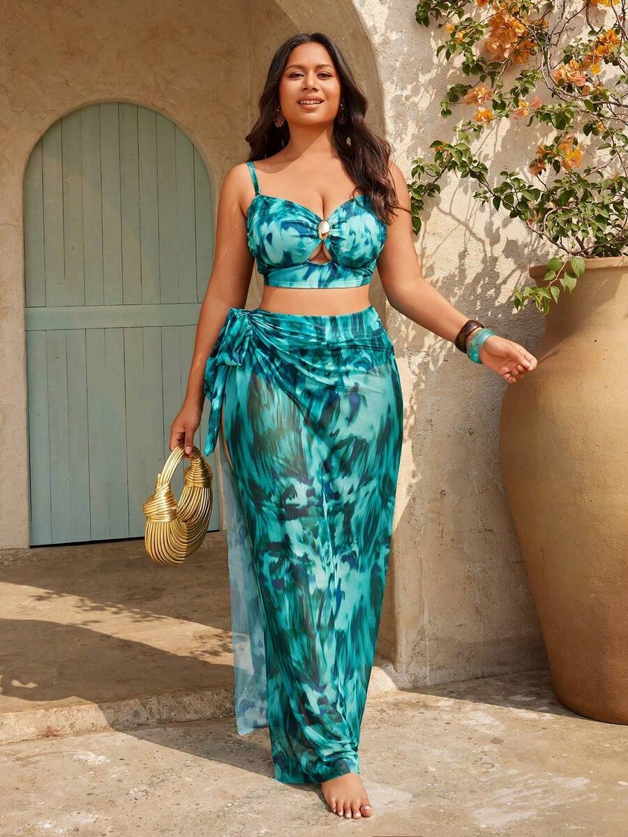 Swim High-End Beach Vacation! 3-Piece Bikini With Skirt In A Flattering, Whitening Green Tie-Dye - 彩色 - 查看 1