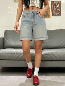 Short en jean décontracté pour femme à ourlet replié, été - Bleu délavé vintage - Voir 3