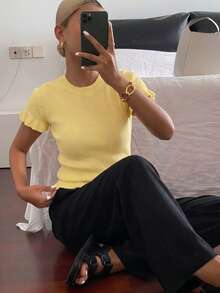 女款休閒黃色圓領荷葉邊短袖寬鬆版型T恤，春夏風格，適合約會與日常穿著 - 黃色 - 查看 5
