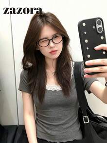 韓式極簡性感設計蕾絲拼接短袖女款修身顯瘦親膚短版上衣休閒夏季款 - 灰色 - 查看 1