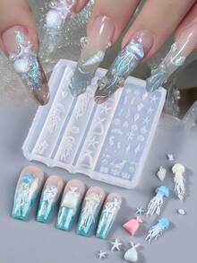 1件透明軟矽膠3D海洋美甲模具，水母、海星、珊瑚、貝殼與海洋生物，可重複使用雕刻模板，易脫模美甲工具，適用於DIY UV凝膠、壓克力、Poly Gel美甲延長，夏季海灘水下主題美甲用品 - 無色 - 查看 1