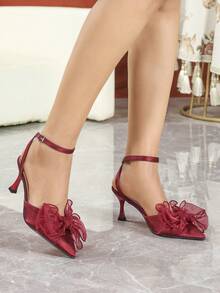 Elegant Red Mesh Bow Pointed Toe Stiletto Heel Sandals For Women, Single Strap Backless High Heels, Versatile Pumps For Commuting And Dating - Red - View 4