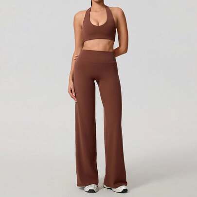 Conjunto de yoga Hearuisavy de verano de 2 piezas para mujer, transpirable, con espalda descubierta, top deportivo con cuello halter, push-up, para pilates y fitness, y pantalones de pierna recta.