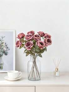 1 pièce Fleur de rose artificielle, convient pour le printemps, l'été, le mariage, la décoration de la maison, les fournitures de cuisine, le restaurant, la décoration de la chambre, la décoration de la chambre à coucher, les fournitures de salle de bain, les fournitures de fête de vacances et d'anniversaire, la décoration de jardin extérieur, cadeau de la Saint-Valentin - Rouge rose foncé - Voir 5