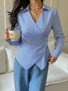 Asymmetrical Long Sleeve Striped Shirt 2026 - Blue - View 4