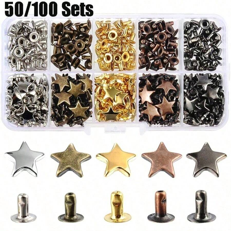 50/100pcs Metal Star Shaped Rivets, Suitable For Leather Crafts, Clothing, Bags, Shoes DIY, Rivet Decoration - Multicolor - View 1