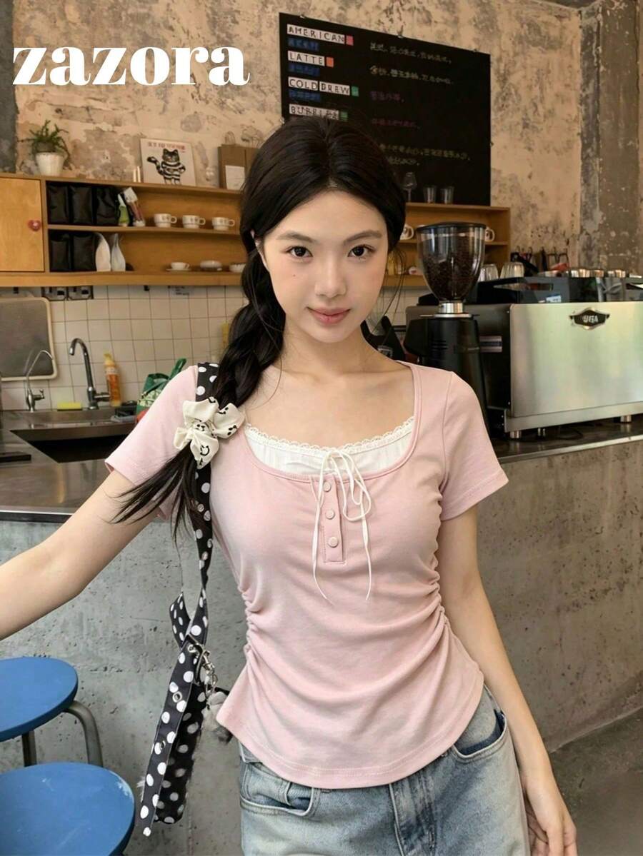 蝴蝶結 2 合 1 短袖上衣,韓系修身腰線簡約甜美純色女款 T-shirt,夏季粉色休閒風 - 粉色 - 查看 1