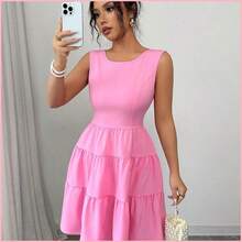 Vestido de mujer unicolor con cuello redondo, sin mangas, con cintura ajustada, decoración de lazo y falda de patinadora - Azul - Ver 6