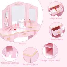 Kids Vanity Set,Kids Vanity Table And Chair Set,Wood Makeup Vanity Desk With Tri-Folding Mirror And Stool,Children Makeup Dressing Table With 3 Drawers,4 Storage Shelves & Accessories For Girls - Pink - View 4
