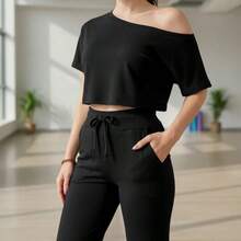 Women's Flared Pants And Comfortable Top Set - Black - View 2