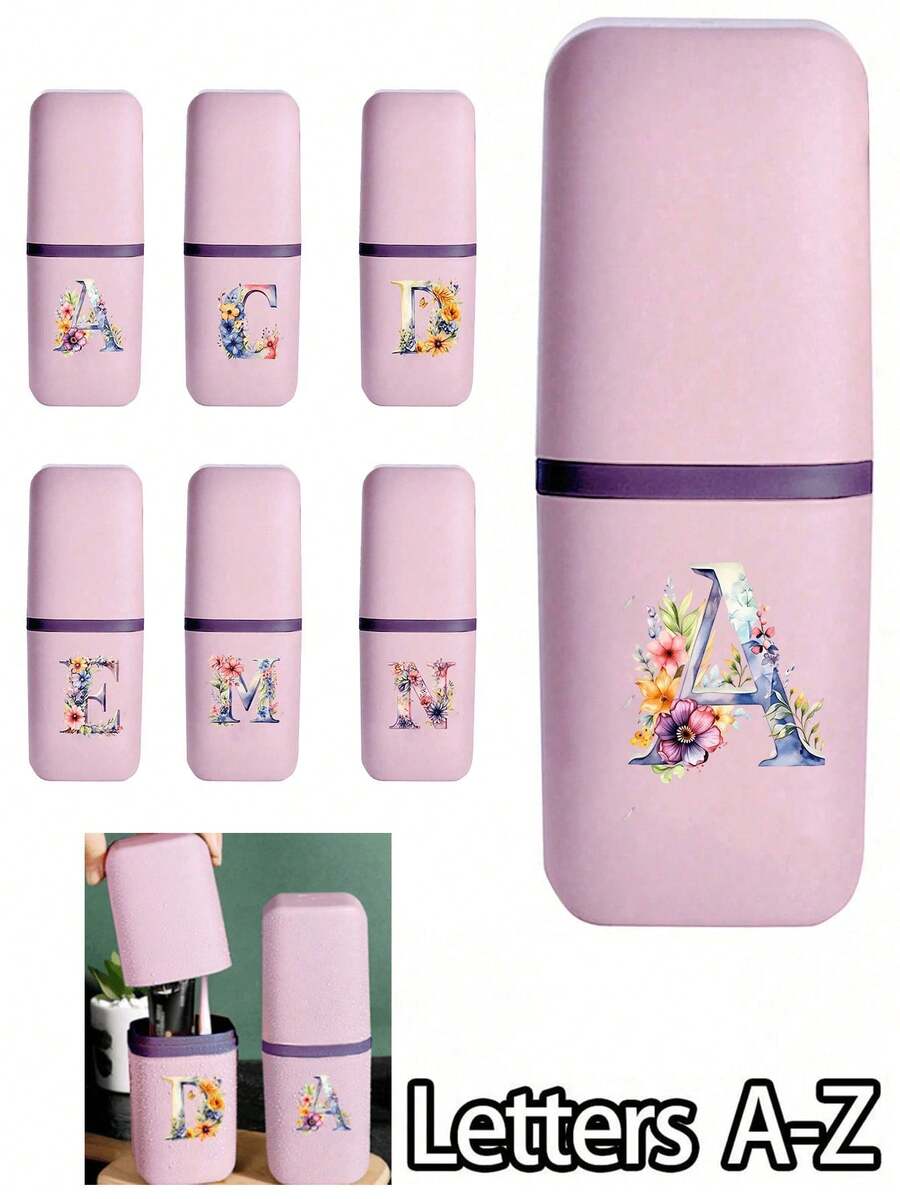 Floral Letter A-Z Portable Toothbrush Holder - Fashionable Travel Toothbrush Holder & Cup Sleeve, Durable Multi-Function Rinse Cup, Hygienic Protection, Suitable For Travel, Camping, Business Trip And School | Includes Toothbrush And Toiletry Storage Set, Minimalist Travel Wash Cup Set | Perfect Holiday Gift For Travelers, Students And Hygiene-Conscious Individuals - Multicolor - View 1
