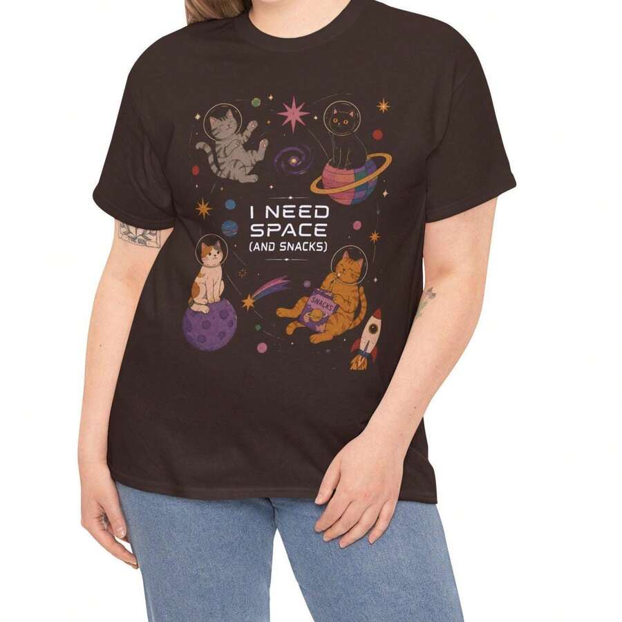 Lustiges Astronauten-Katzen-Grafik-T-Shirt, Weltraum-Katzen-Zitat-T-Shirt, Niedliches Katzenliebhaber-Shirt,  Damen-Grafik-T-Shirt, Lässiges Weltraum-Grafik-T-Shirt - Schwarz - Übersicht 1