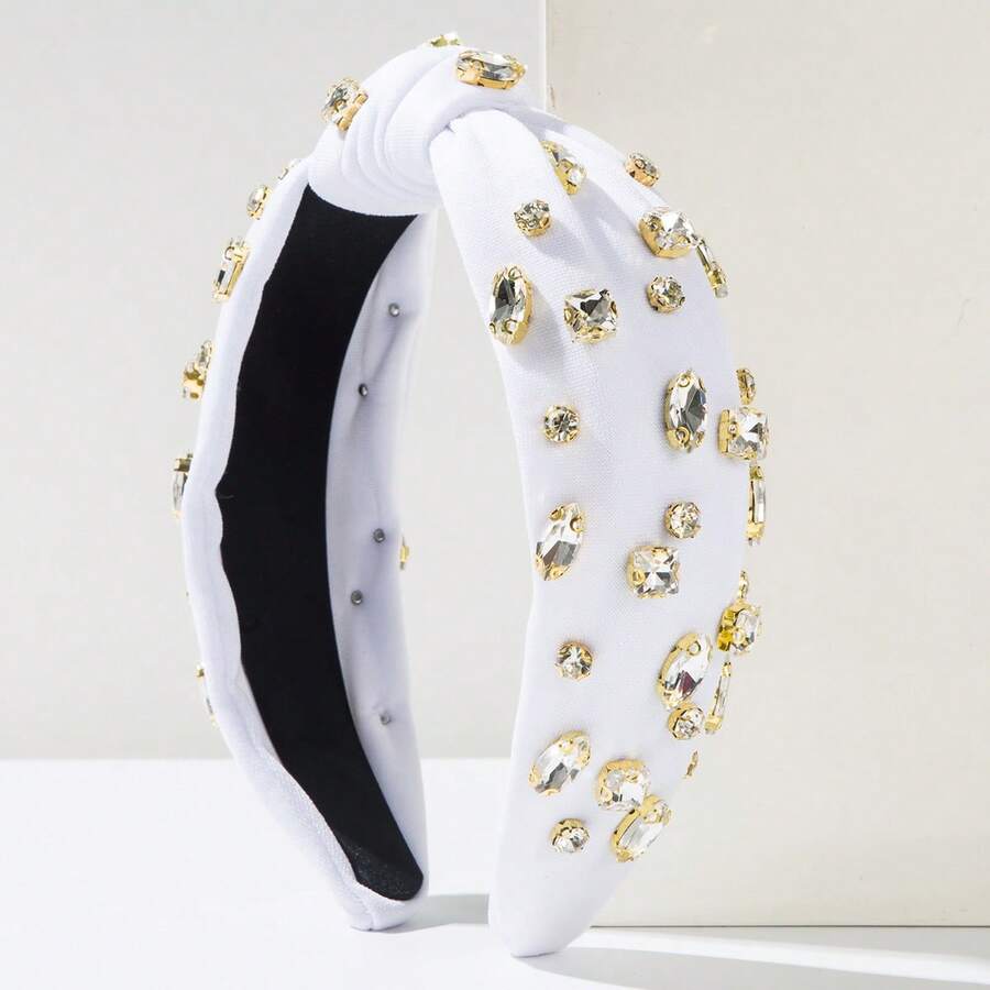 1pc Summer Korean Style Knotted Wide Red Headband With Shiny Rhinestone Decoration, Exquisite Hair Hoop Suitable For Women's Outings And Daily Hair Accessories - FG355-white - View 1