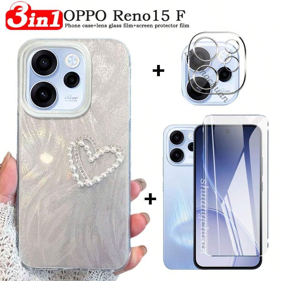 Juego 3 en 1 para Reno15 F - Funda de teléfono con patrón de plumas y corazón de perlas falsas brillantes + Protector de pantalla de vidrio templado + Protector de lente, TPU suave a prueba de golpes, diseño estético con purpurina, protección antiarañazos y caídas - Transparente # YS3IN1 - Ver 1