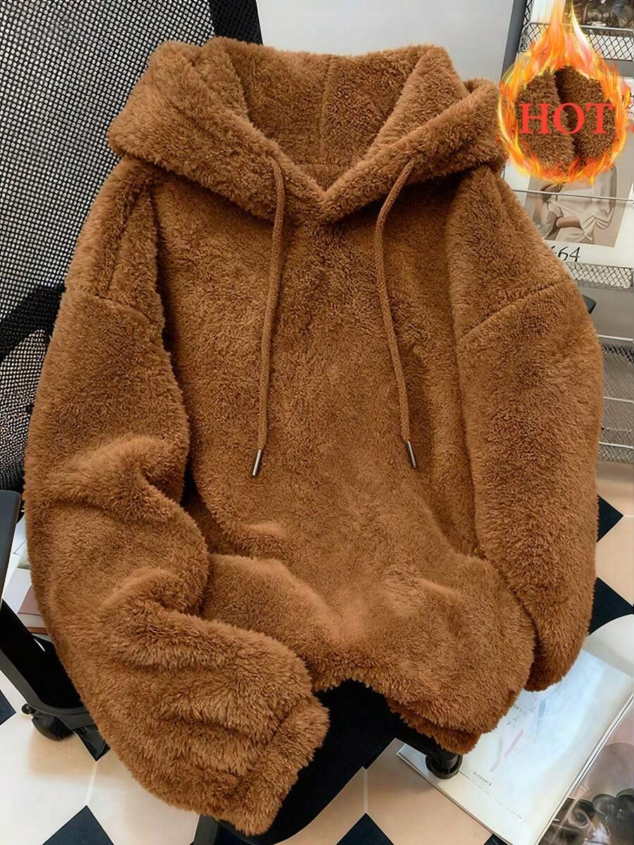Sudadera con capucha de lana sintética de cordero para mujer de talla grande de , cálida y a la moda para otoño e invierno,. - Marrón - Ver 1