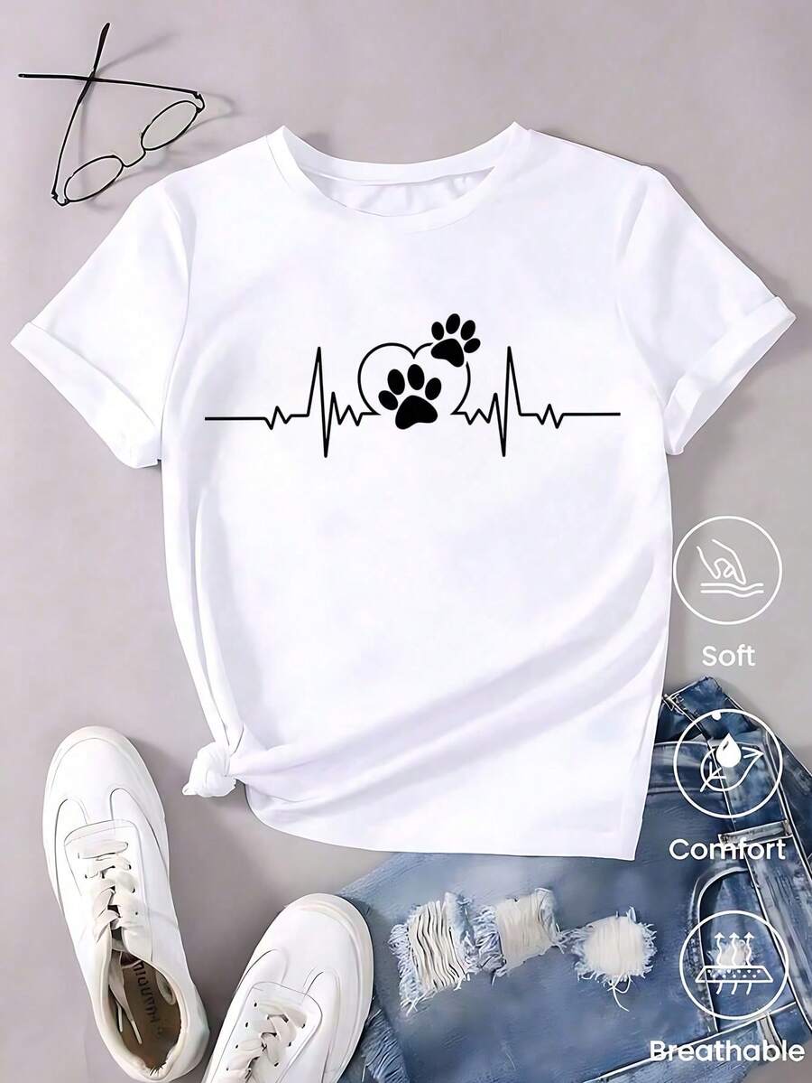 Women's Black T-Shirt With Leopard Heart Graphic And Heartbeat, Aesthetic Style Short Sleeve T-Shirt With Electrocardiogram Line, Minimalist Modern Top - 白色的.. - 查看 1
