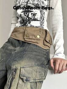 Sac de taille rétro Y2K style mode japonaise & coréenne pour femme, ceinture porte-cartes à sangle multi-œillets, accessoire de taille pour styliser la tenue, pochette de taille carrée streetwear pour pièces et écouteurs - Kaki - Voir 2