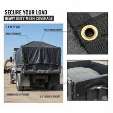 [Free Shipping] Heavy Duty Mesh Tarp 7' X 22' For Dump Truck, Trailer, Truck Bed, PVC Coated Fabric 18oz Double Pocket Brass Grommets Reinforced Double Needle Stitch Webbing Black Finish-XY412928 - Default0 - View 1