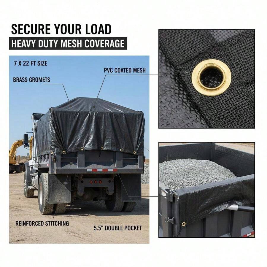 [Free Shipping] Heavy Duty Mesh Tarp 7' X 22' For Dump Truck, Trailer, Truck Bed, PVC Coated Fabric 18oz Double Pocket Brass Grommets Reinforced Double Needle Stitch Webbing Black Finish-XY412928 - Default0 - View 1